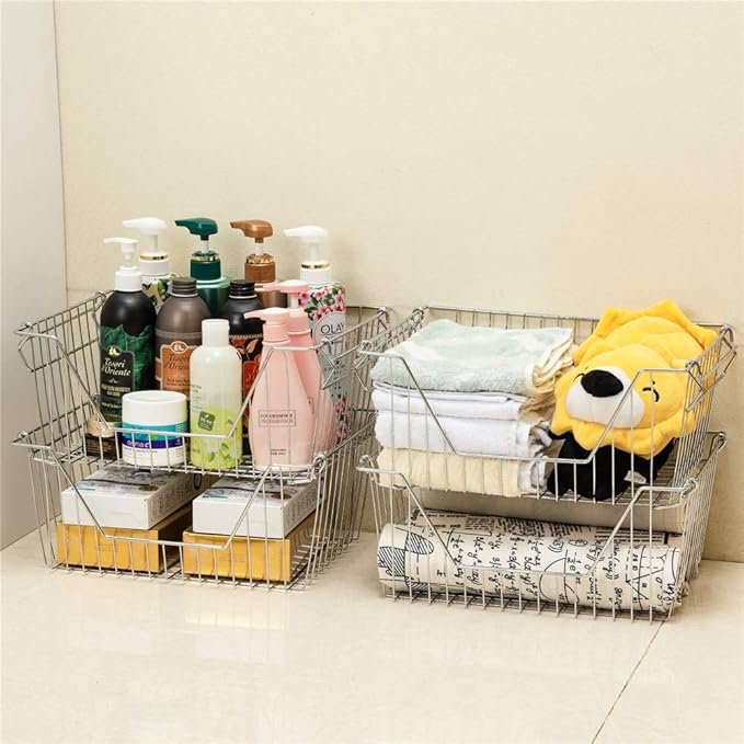 Stackable Wire Metal Baskets Fruit Vegetable Organization Pantry Cabinet Metal Bin Large Basket Shelves Storage for Kitchen Freezer, Set of 2