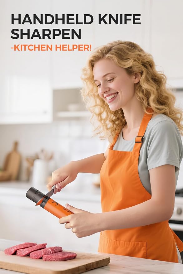 Cordless Electric Knife Sharpener, Portable Rechargeable Electric Knife Sharpener for Home Kitchen, 3-Speed 7000RPM Handheld Tool for Straight Blades (Orange)