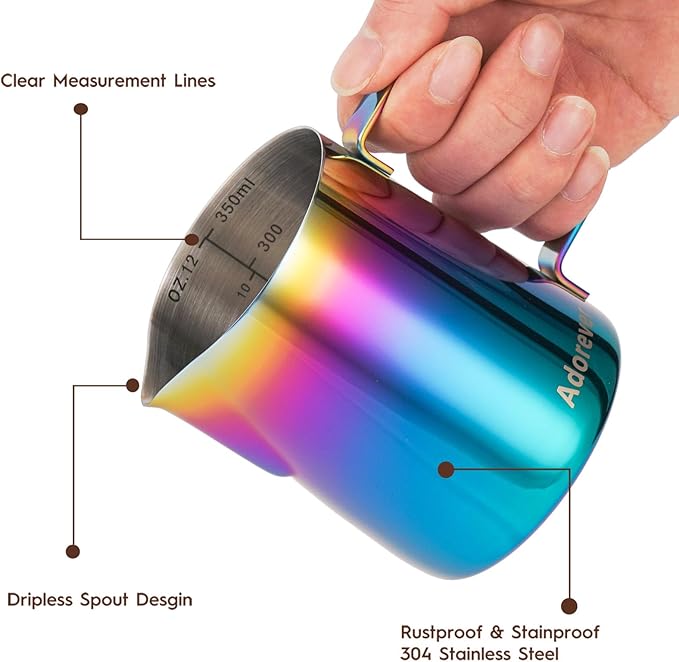 Milk Frothing Pitcher Colorful 350ml (12oz) Steaming Pitchers Stainless Steel Milk Coffee Cappuccino Latte Art Barista Steam Pitchers Milk Jug Cup with Decorating Art Pen