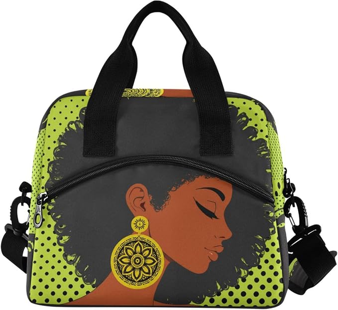 Reusable Lunch Bag for Girls Women,African American Woman Lunch Box Container with Detachable Shoulder Strap,Insulated Lunch Coolers for School Office