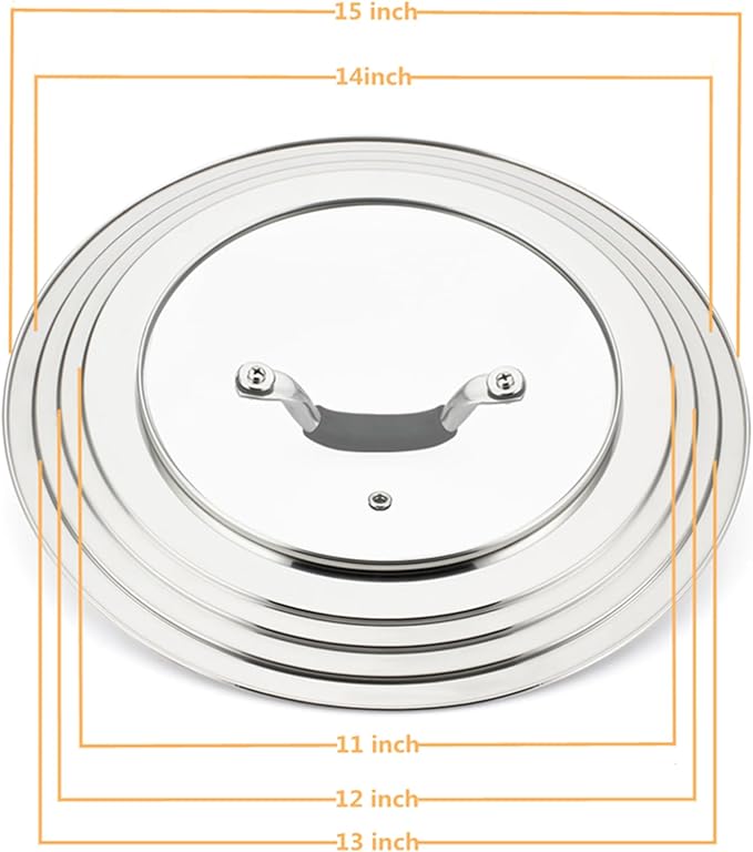 15 inch Large Universal Lid for 11-15" Pans Pots, Stainless Steel Pan Lid Cover for 11 12 13 14 15 In Cast Iron Skillets Frying Pans Woks