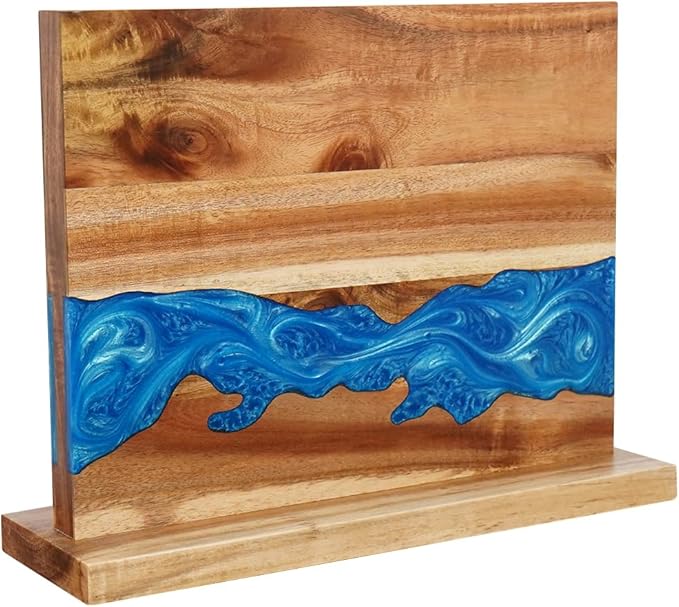 Ocean Magnetic Knife Block, Acacia Wood Knife Holder Stand with Strong Magnets, Double Side Knife Storage Rack for Kitchen (Blue)