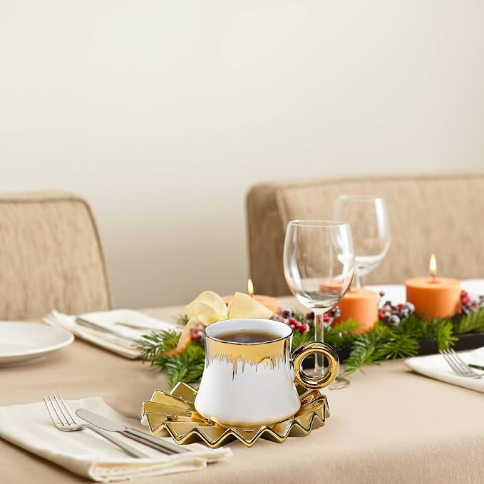 3.5oz Ceramic Turkish Coffee Cup Set of 6, Porcelain Espresso Cups and Saucers British Italian Cappuccino Cups with Gold Trim for Double Espresso Cappuccino Latte Mocha Tea (White)
