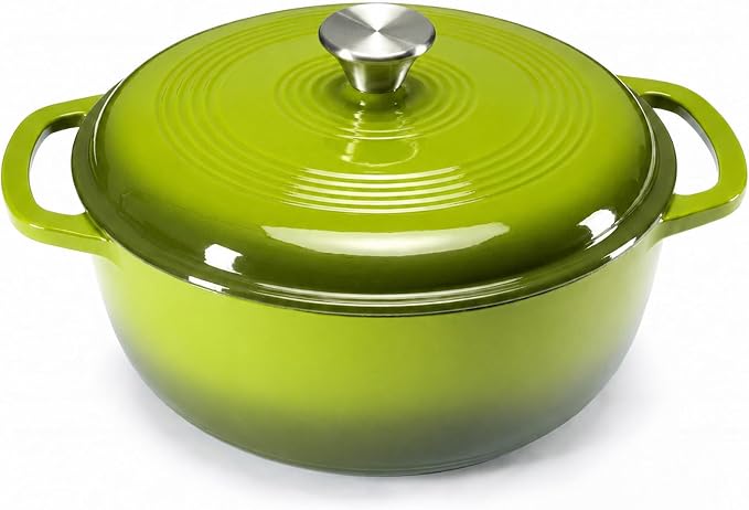 DUMOS Cast Iron Dutch Oven, 6 Quart Pot with Lid, Enameled Heavy Duty Cookware, Oven Safe to 500°F, Perfect for Bread Baking, Stews and Roasting, Moisture Sealing Lid with Dual Handles, Green