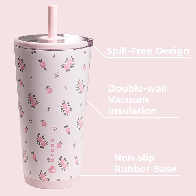 HydroJug Everyday Tumbler 20 oz, Ceramic-Lined Straw Cup, Wildrose