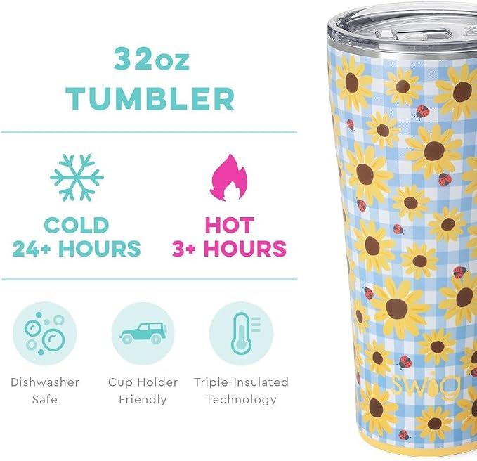 Swig Life 32oz Insulated Tumbler, Travel Coffee Tumbler with Lid, Cup Holder Friendly Travel Coffee Mug, Stainless Steel with Lid (Picnic Basket)