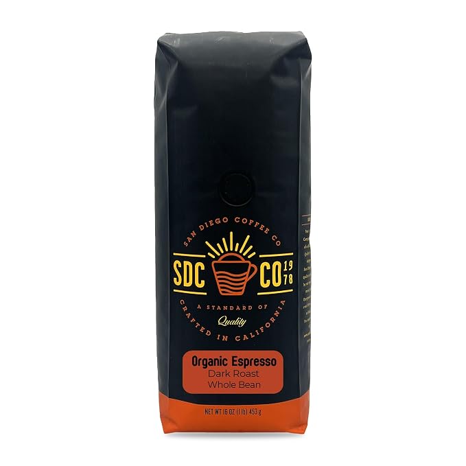 San Diego Coffee Organic Espresso, Dark Roast, Whole Bean Coffee, 16-Ounce Bag Café en grano tostado