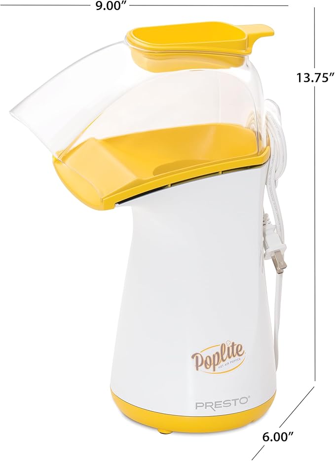 Presto 04820 Poplite Hot Air Popcorn Popper - Built-In Measuring Cup + Melts Butter, Easy to Clean, Built-In Cord Wrap, 18 Cups, Yellow