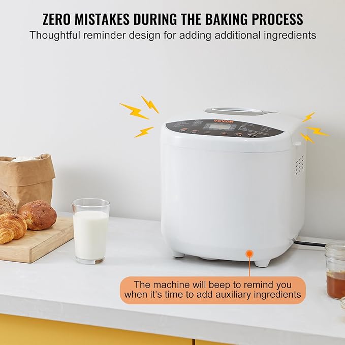 VEVOR Bread Maker, 19-in-1 2LB Dough Machine, Nonstick Ceramic Pan Automatic Breadmaker with Gluten Free Setting, Whole Wheat Bread Making, Digital, Programmable, 3 Loaf Sizes, 3 Crust Colors, White