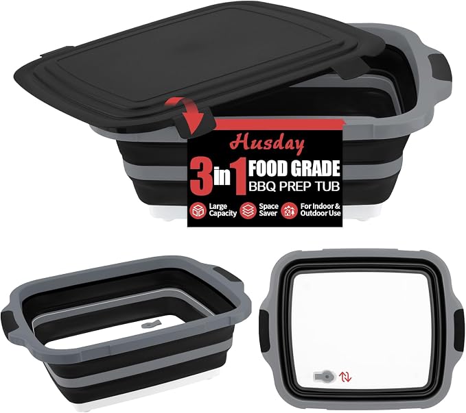 2-Pack XL Collapsible BBQ Prep Tub with Lid (4.22 Gal / 16L) - Built-In Cutting Board & Strainer, Large Meat Marinade Container, Camping Sink & Food Storage Bin for Grilling, Outdoor Cooking - Black