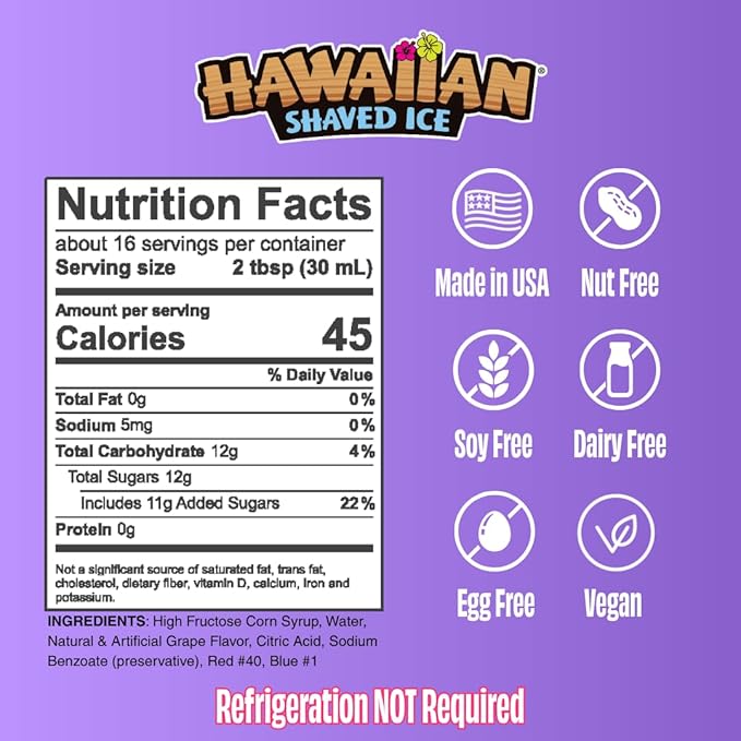 Hawaiian Shaved Ice Sour Grape Syrup - Nut Soy Dairy Free - Flavor Fluffy & Crunchy Snow Cones - Shelf Stable - Makes 8 Servings - 16 ounces