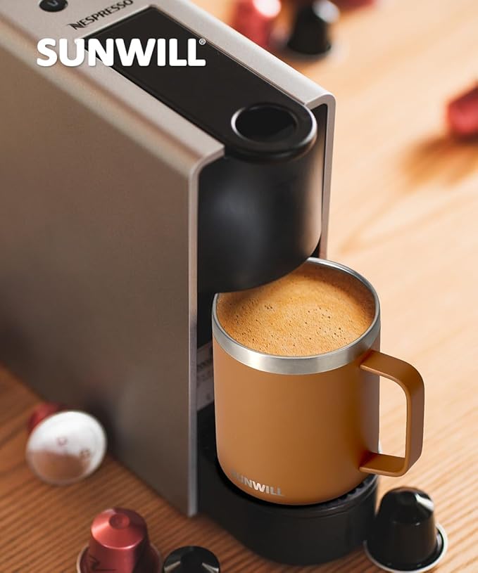 SUNWILL Insulated Coffee Mug with Lid, Travel Tumbler with Handle, 14 oz Stainless Steel Cup for Camping, Office, Home, Powder Coated Caramel