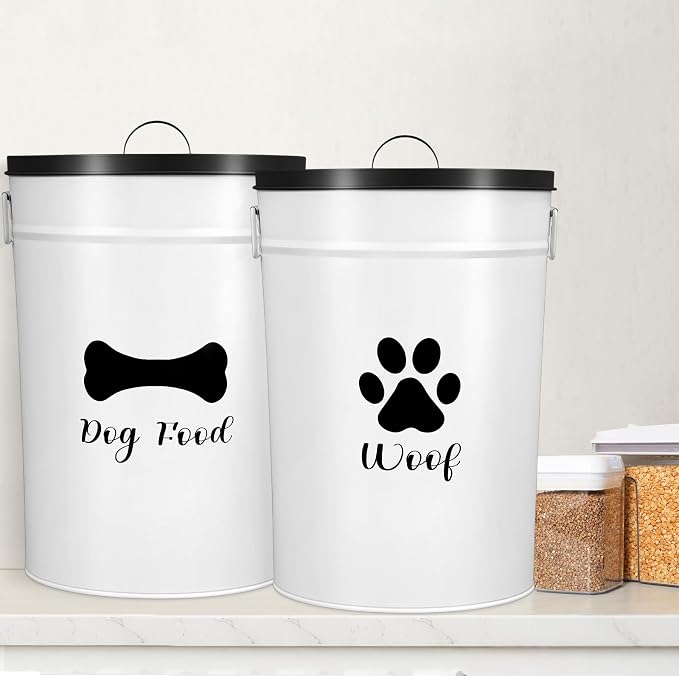 DoubleFill Extra Large 30+30 lb Metal Dog Food Storage Containers Set of 2 Airtight Dog Treat Snack Jars with Lids and Spoon Farm House Style Big Pet Cookie Jar for Kitchen Counter Gift