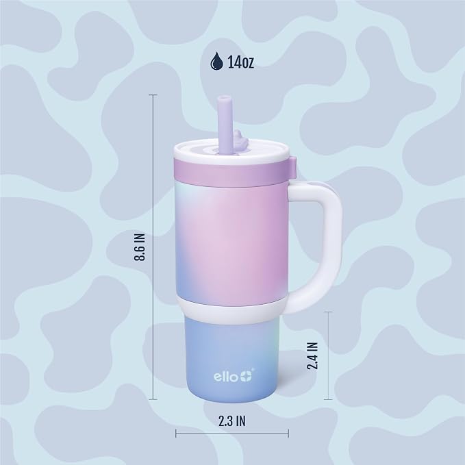 Ello Oasis 14oz Stainless Steel Toddler Tumbler with Handle & Retracting Straw, 100% Leakproof, Double-Wall Vacuum Insulated, Kids Water Bottle for School, BPA Free, Dishwasher Safe, Purple Swirl