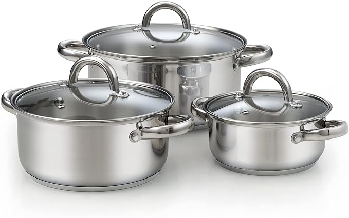 Cook N Home Basics Stainless Steel Cookware Sets, 6-Piece Pots and Pans | 1.5 & 3 Qt Sauce Pots with Lid, 5.5 Qt Dutch Oven Stockpot, Induction Compatible, Dishwasher & Oven Safe