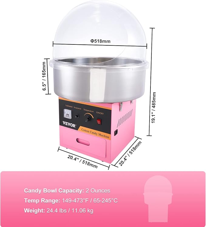 VEVOR Electric Cotton Candy Machine with Cover, 1000W Commercial Floss Maker w/Stainless Steel Bowl, Sugar Scoop and Drawer, Perfect for Home, Carnival, Kids Birthday, Family Party, Pink