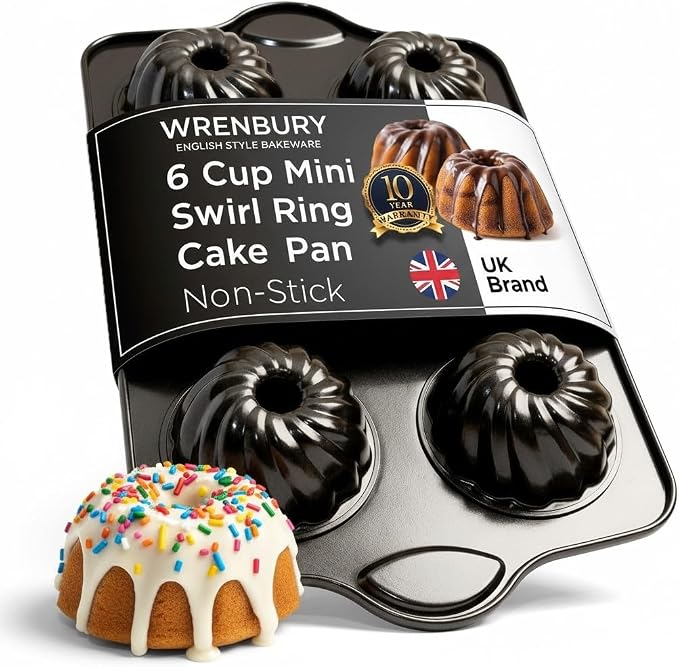 Wrenbury Swirl Buntz Pan for Baking Mini Non-Stick - 6 Cup Fluted Cake Tin | for Small Cakes - PFOA Free and Dishwasher Safe - 3.75” Cup Width