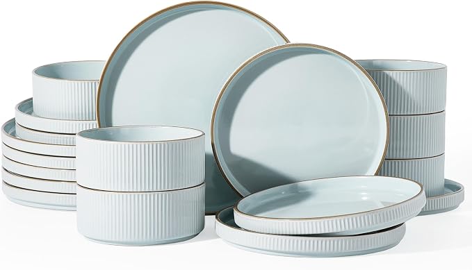Famiware Star 18-Piece Stoneware Dinnerware Set for 6 – Blue, Ribbed Ceramic Plates and Bowls with Rim – Modern Rustic Dishes, Everyday & Formal – Chip & Scratch Resistant, Microwave & Dishwasher Safe