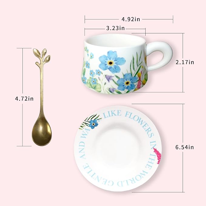Tea Cup Set With 2 Tea Cups 2 Saucers And 2 Spoon 9.5 OZ Espresso Coffee Mug Vintage Creativetea Teacup And Saucer Set For Coffee,Tea,Latte, Cappuccino