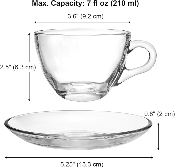 Tosnail 6 Pack 7-Ounce Glass Tea Cups and Saucers Sets Glass Coffee Mugs