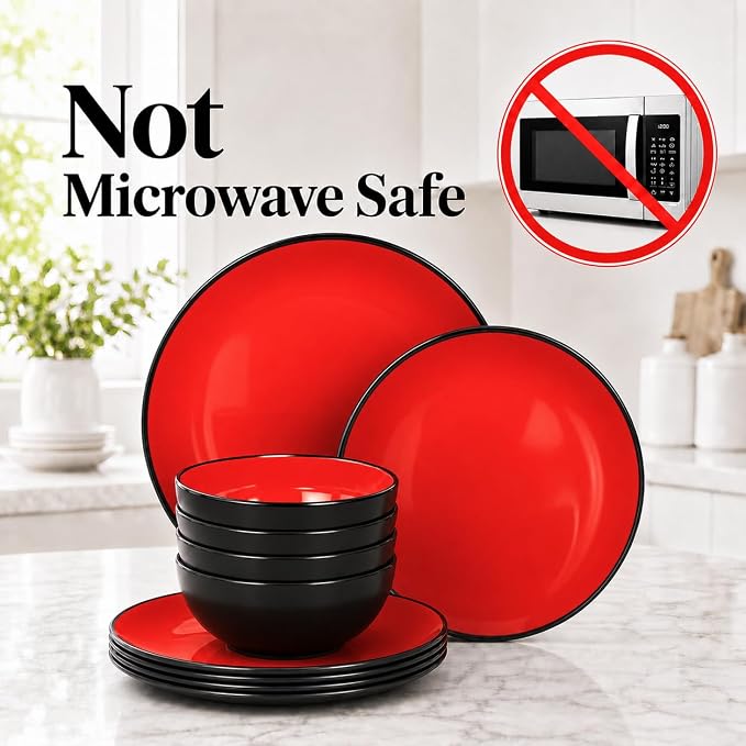 TP 12-Piece Melamine Dinnerware Sets, Plates and Bowls Dishes Set for 4, Break-Resistant & Non-Microwavable, Lightweight Dinner Plates, Glossy Black and Red