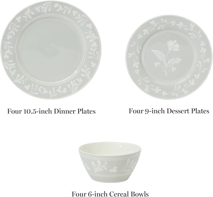 Martha Stewart Dinnerware Set - Maiden Crown 12-Piece Dish Set, Sage Green – New Bone China Ceramic Plates & Bowls – Floral Design – Service for 4 – Microwave & Dishwasher Safe