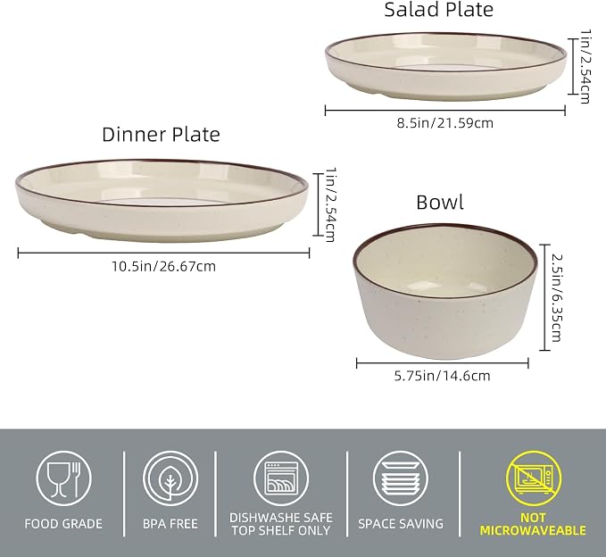Melamine Dinnerware Set 12 Piece for 4, Cream White Spray Dots Unbreakable Plates and Bowls with Dark Brown Rim, Lightweight Durable Dishware for Camping Picnic Party