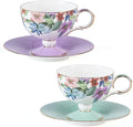 KAMMAK Ceramic Coffee Cups Saucers Set of 2, Porcelain Espresso Cups with Saucers, 6.52 oz Handmade Elegant Bone China Tea Cup, Ceramic Floral Pattern Demitasse for Latte, Americano, Cappuccino