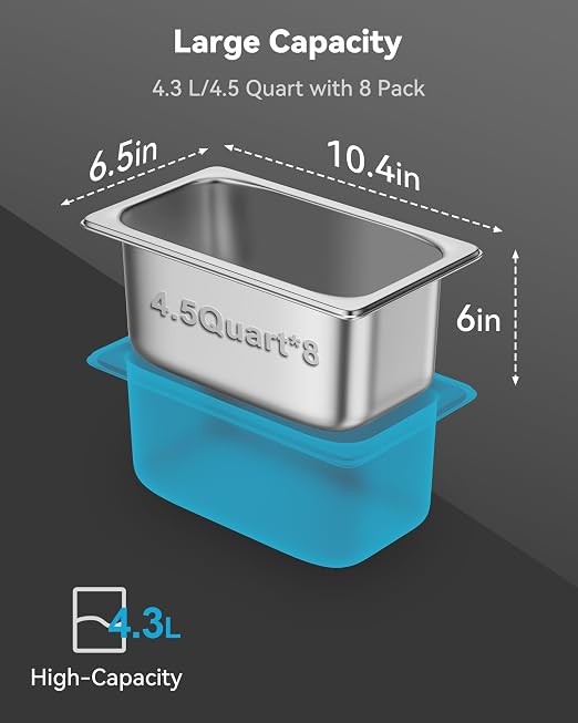 ZeroPone 8 Pack Hotel Pans with Lids, 1/4 Size 6" Deep Stainless Steel Steam Table Pan 22 Gauge Anti Jam Commercial Catering Food Pans for Hotel, Home, Party, Restaurant, Buffet
