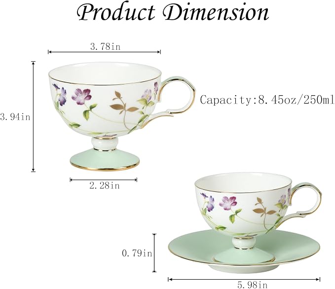 KAMMAK Ceramic Coffee Cups Saucers Set of 2, Porcelain Espresso Cup with Saucer, 8.45 oz Handmade Elegant Bone China Tea Cups, Ceramic Floral Pattern Demitasse Cup for Latte, Americano, Cappuccino