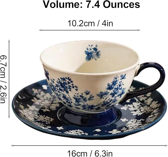 fanquare Vintage Silhouette Flowers Tea Cup and Saucer, 7 oz Blue and Beige Porcelain Coffee Cup, Large Teacups for Women Home Wedding