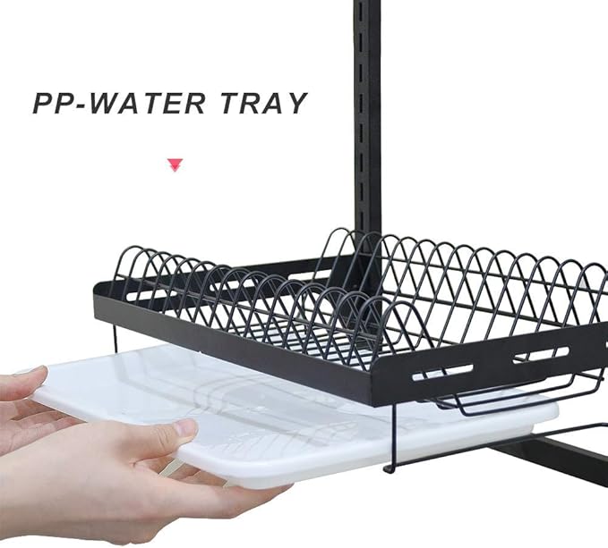 junyuan Hanging Dish Drying Rack Wall Mount,Dish Racks Drainer,3 Tier Kitchen Plate Organizer Storage Shelf with Drain Tray with 3 Hooks,Stainless Steel Black Large Ajustable Height