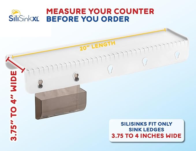 SiliProducts SiliSink XL Silicone Edge Guard for Kitchen Sink - Fits 3.75” - 4” Wide - The Original Silicone Sink Edge Protector with Sponge Caddy - Splash Guard, 20” White