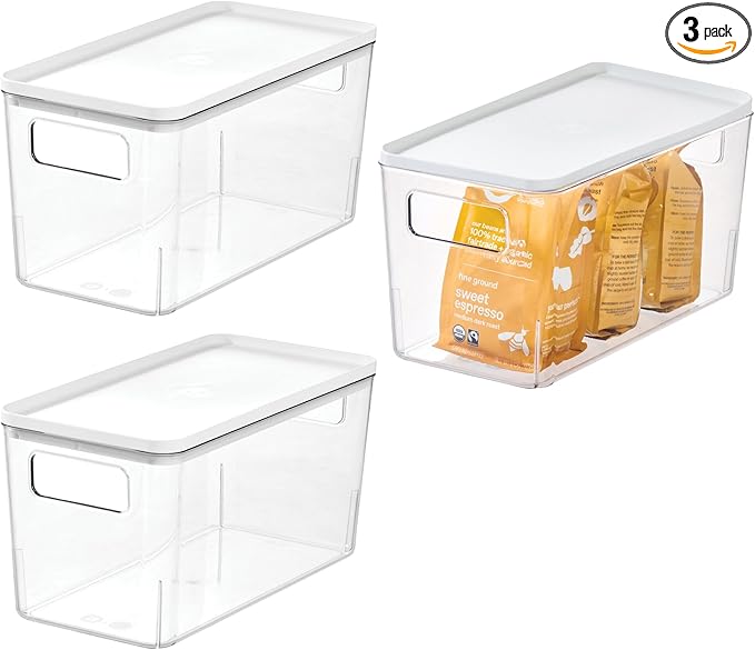 iDesign Plastic Pantry Bin with Lid and Handles - Set of 3 - Clear/Marshmallow White
