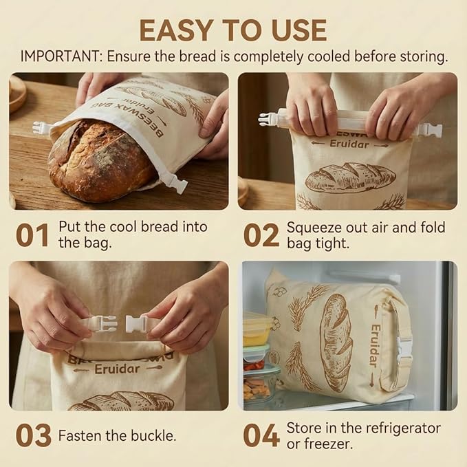 Beeswax Bread Bags for Sourdough & Homemade Bread (2 Pack), XL 13"x17" Large Reusable Cotton & Linen Bread Bag, Keep Loaves Fresh Longer, Natural & Easy to Clean(Rustic Bread Print)