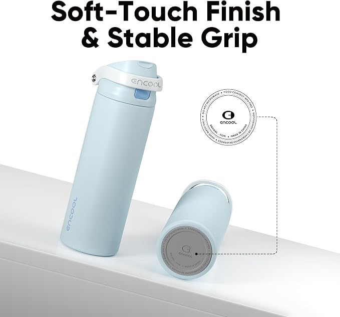 ENCOOL Leakproof Insulated Water Bottle with Straw Dual-Sip Water Bottle Bag-Safe Design for Work, Commute & Gym – Keeps Drinks Cold All Day, 32 oz, Frost Blue