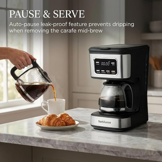 5-Cup Programmable Coffee Maker - Reusable Filter, Clear Water Level Indicator, Auto Shut- Off, Black &Stainless Steel Coffee Pot