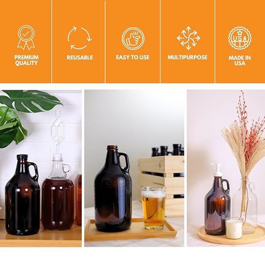 FastRack 64 oz Amber Glass Growlers (Pack of 6) | Half Gallon Beer Growler with 18 Poly Seal Caps | Reusable 1/2 Gallon Glass Jug for Homebrew, Kombucha, and Beverage Storage
