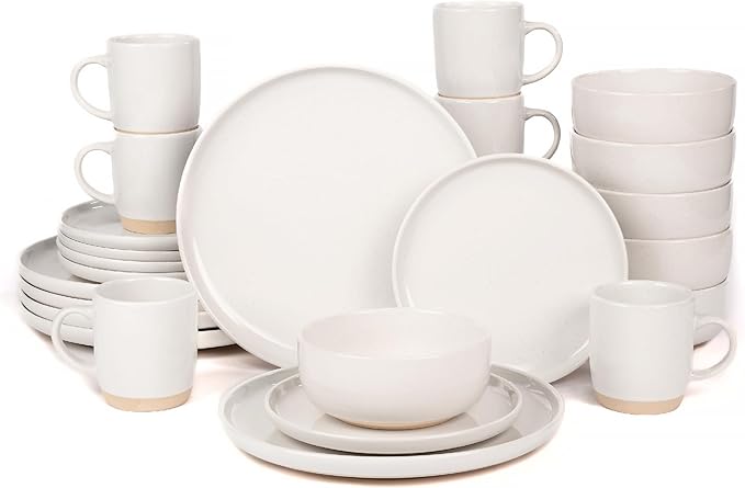 OTAGO 24-Piece White Stoneware Dinnerware Set for 6 with Mugs, Plates and Bowls Sets with Partially Unglazed Base, Scratch Resistant Ceramic Dish Set, Microwave & Dishwasher Safe for Kitchen