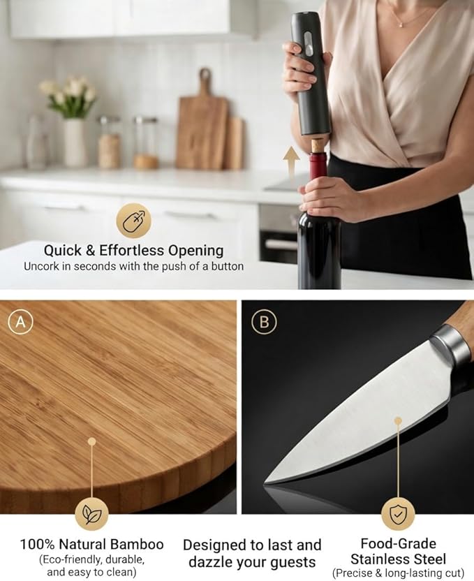 Rechargeable Electric Wine Opener Set - Includes Foil Cutter, Wine Aerator Dispenser, Electric Vacuum Stopper, Bamboo Charcuterie Board and Knives Set - Luxury Packaging for a Special Occasion