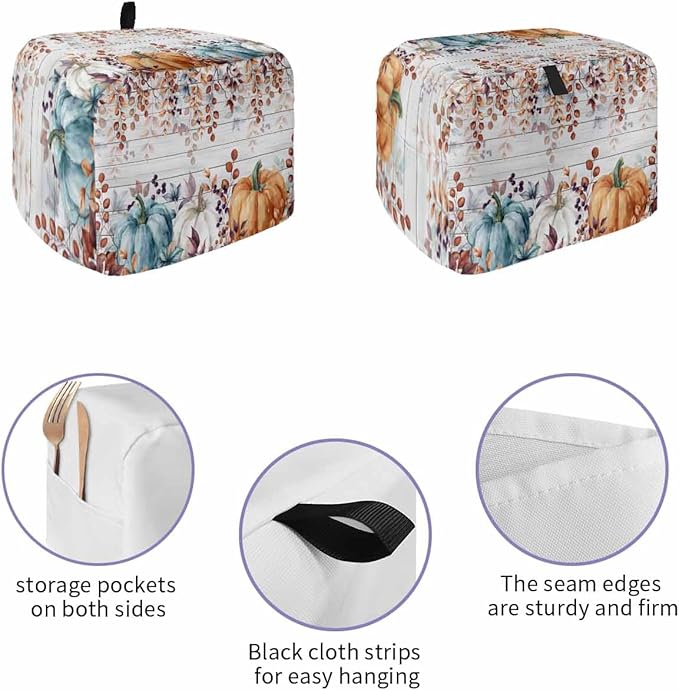 Orange Blue Pumpkins Fall Toaster Cover 4 Slice, Thanksgiving Eucalyptus Dustproof Bakeware Oven Protector with Top Hook, Gray Wooden Waterproof Small Kitchen Appliance Toasters Dust Cover, 12"x11"x8"