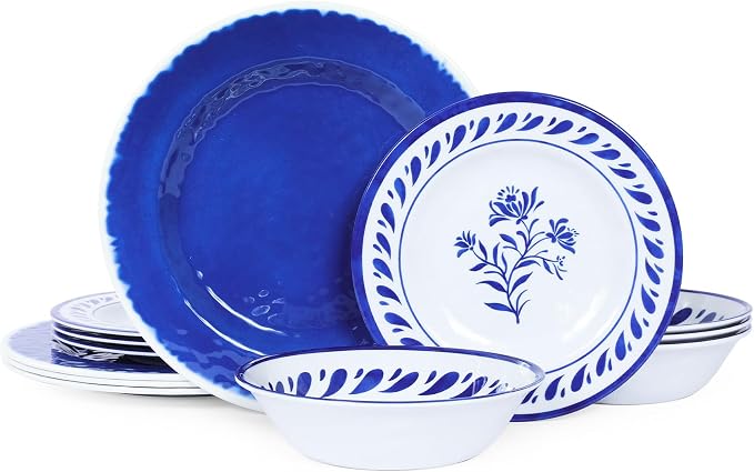Blue Melamine Dinnerware Sets,12-Piece Plates and Bowls Set for 4,Coastal Farmhouse Style Dish Sets,Chip Resistant & Dishwasher Safe,Dark Indigo Vintage Pattern for Outdoor Patio Everyday Use