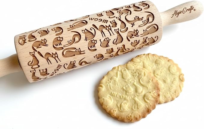 MEOW CATS EMBOSSING ROLLING PIN WOODEN HANDMADE ROLLING PIN with CATS GIFT FOR CAT LOVERS