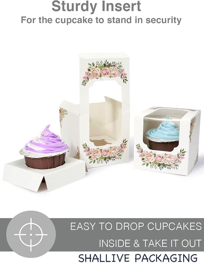 Cupcake Boxes for Mothers Day with Window and Inserts, Pre-assembled 15 Count White Cupcake Containers Individual for Mother's Day 3.5" x 3.5" x 3.5"