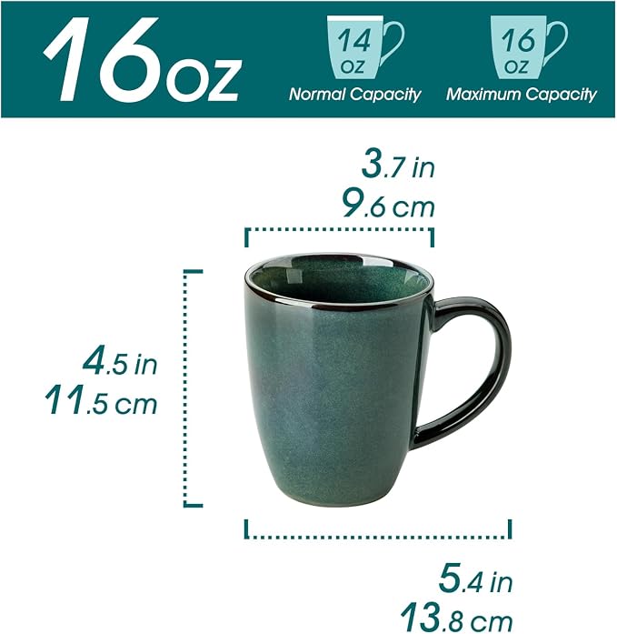 vancasso STARRY Ceramic Coffee Mug Set of 6, 16 Oz Tea Cups with Handle for Latte, Tea, Cappuccino, Milk, Cocoa, Microwave&Dishwasher Safe, Green