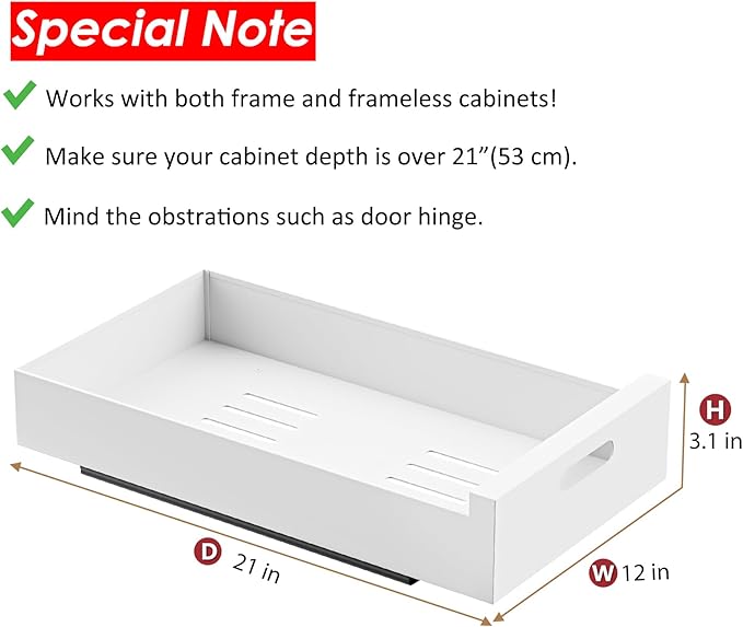 HBL' 2 Pack | 21" Deep Pull Out Cabinet Organizer Adhesive, 12-Inch Wide Sturdy Carbon Steel Roll-Out Drawers, Designed for Frameless Cabinets, Slide-Out Shelves for Pantry.