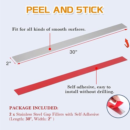 2Pcs 304 Brushed Stainless Steel Sheet Gap Filler, Metal Trim Strip for Wall Oven/Microwave Combo/Range/Cooktop, Self-Adhesive Gap Cover, 30 Inches Long, 2 Inches Wide