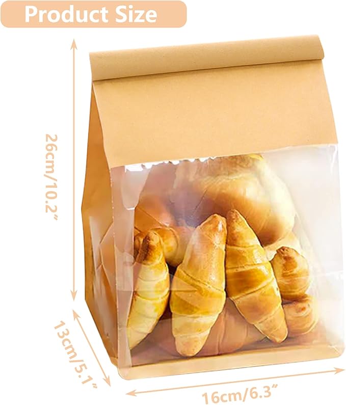 Heavy Duty Paper Bread Bags with Tin Tie Tab Lock 100PCS, Loaf Bag with Clear Front Window, Storage Packaging Treat Bag for Bakery Cafe Homemade Bread 10.2" × 5.1" × 6.3"
