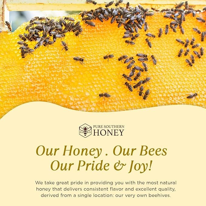 100% Authentic, USA - Made Raw Unfiltered Honey, Made by Pure Southern Honey [ 8 oz ] - Unheated - Non - GMO, No Additives, All - Natural Sweetener- Environmental-Friendly Glass Jar