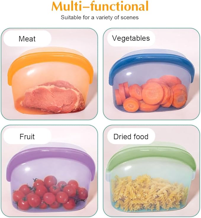 8 Pcs Reusable Silicone sealed Food Storage Bags, Multi-Role Food Storage Bags, Leak Proof, Freezer Safe, Microwave Safe, Dishwasher Safe, Eco-friendly